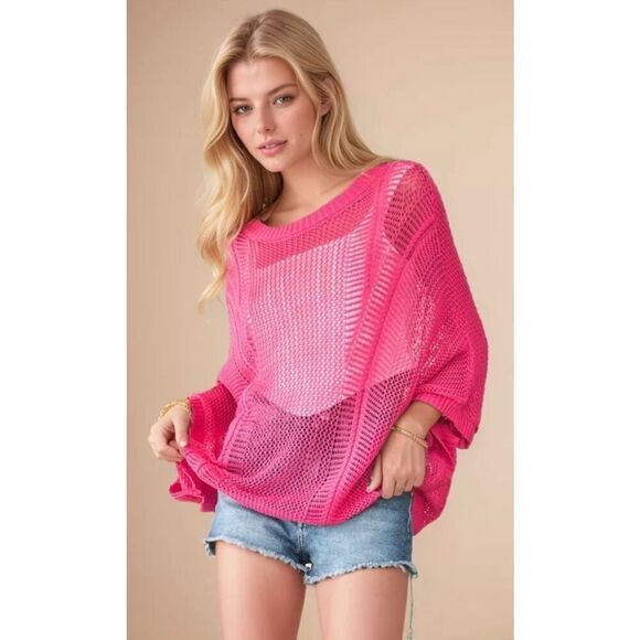 Davi & Dani BATWING LOOSE FIT HOLLOW OUT COVER UP SWEATER - Picture 1 of 5